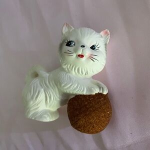 Vintage Japan White Kitten Figurine with Textured Brown Ball Midcentury Ceramic